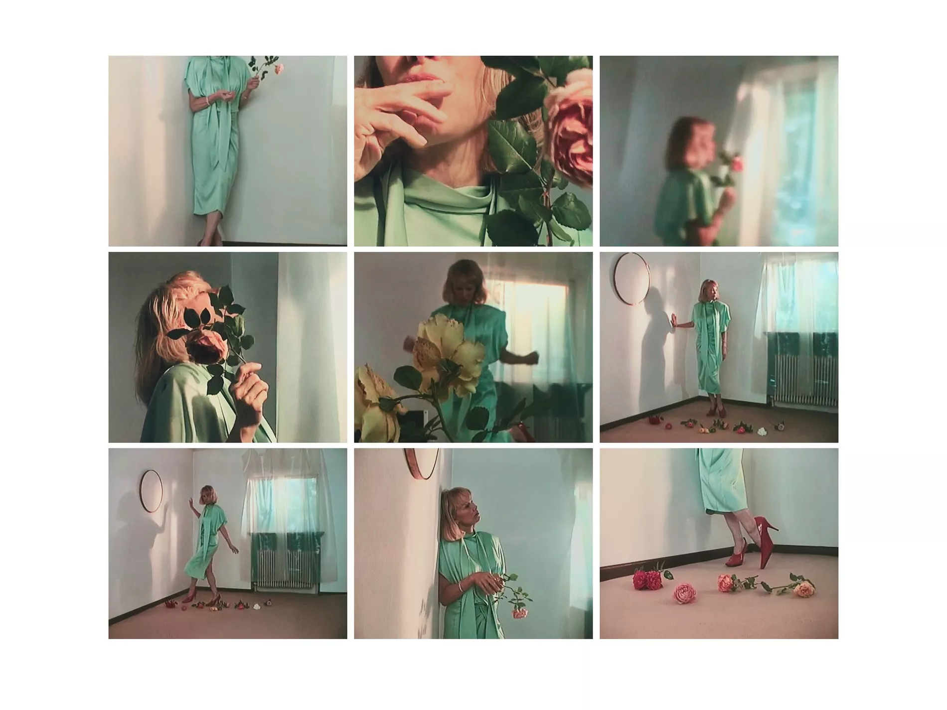 Collage of a woman in a mint-green dress surrounded by roses in an interior space, creating an artistic and vintage aesthetic.
