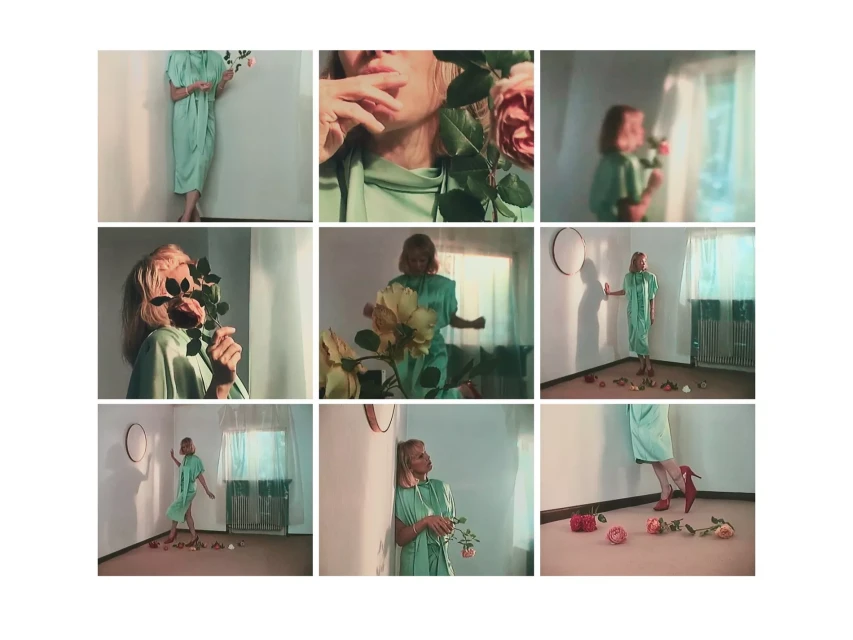 Collage of a woman in a mint-green dress surrounded by roses in an interior space, creating an artistic and vintage aesthetic.