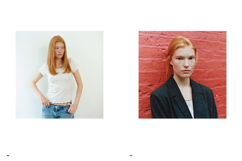 Two portraits on a white background: a red-haired woman in jeans and a t-shirt, and a close-up of the same woman in a blazer against a red wall.