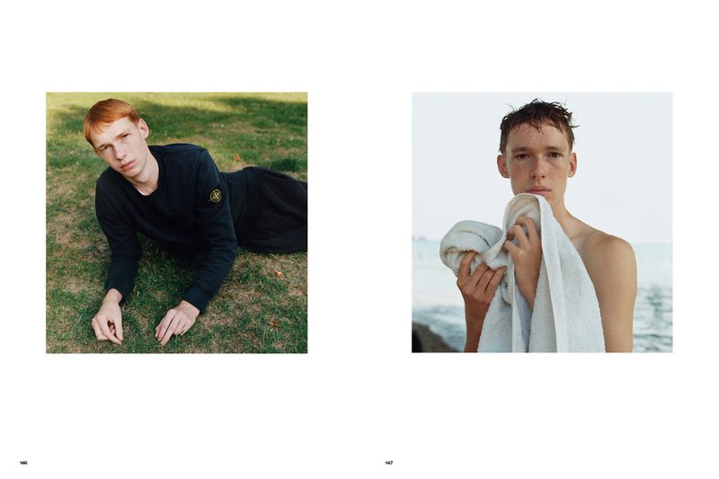 Two images feature a young adult man; in one, he lies on grass wearing a navy sweatshirt, and in the other, he holds a towel by the ocean.