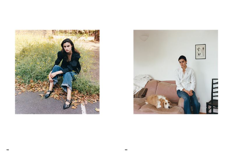 Two images of a woman in casual fashion, one outdoors on a road near foliage and one indoors with a dog on a pink couch.