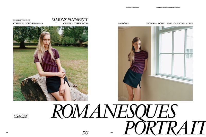 Fashion editorial shot of a female model wearing a striped top and black skirt, posing in an outdoor setting on a log and indoors by a window.