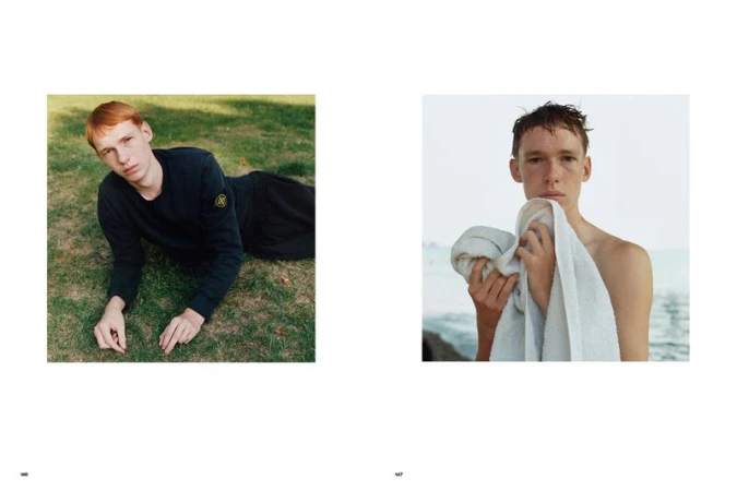 Editorial diptych showing a red-haired young man lying on grass and a shirtless young man holding a white towel by the sea.