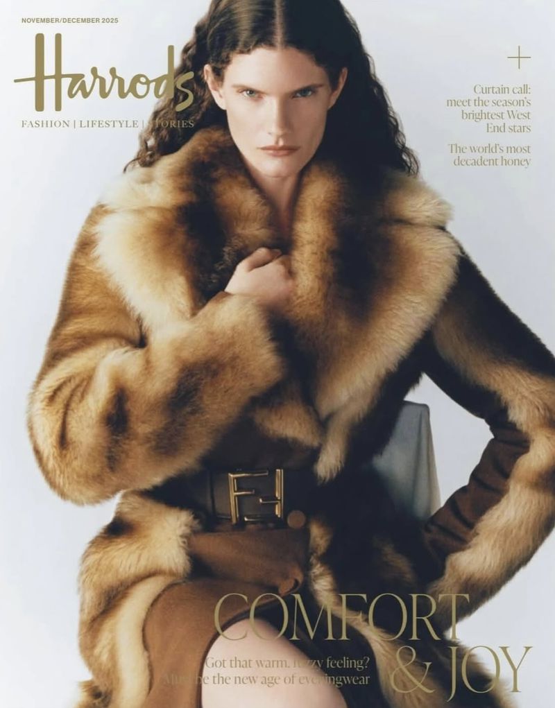 Magazine cover featuring a woman in a fur coat and dark hair, set against a neutral backdrop, promoting fashion and lifestyle.