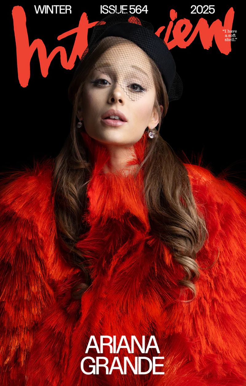 Magazine cover featuring Ariana Grande in red fur coat, black hat, and veil, against a black background with bold red 'Interview' text.