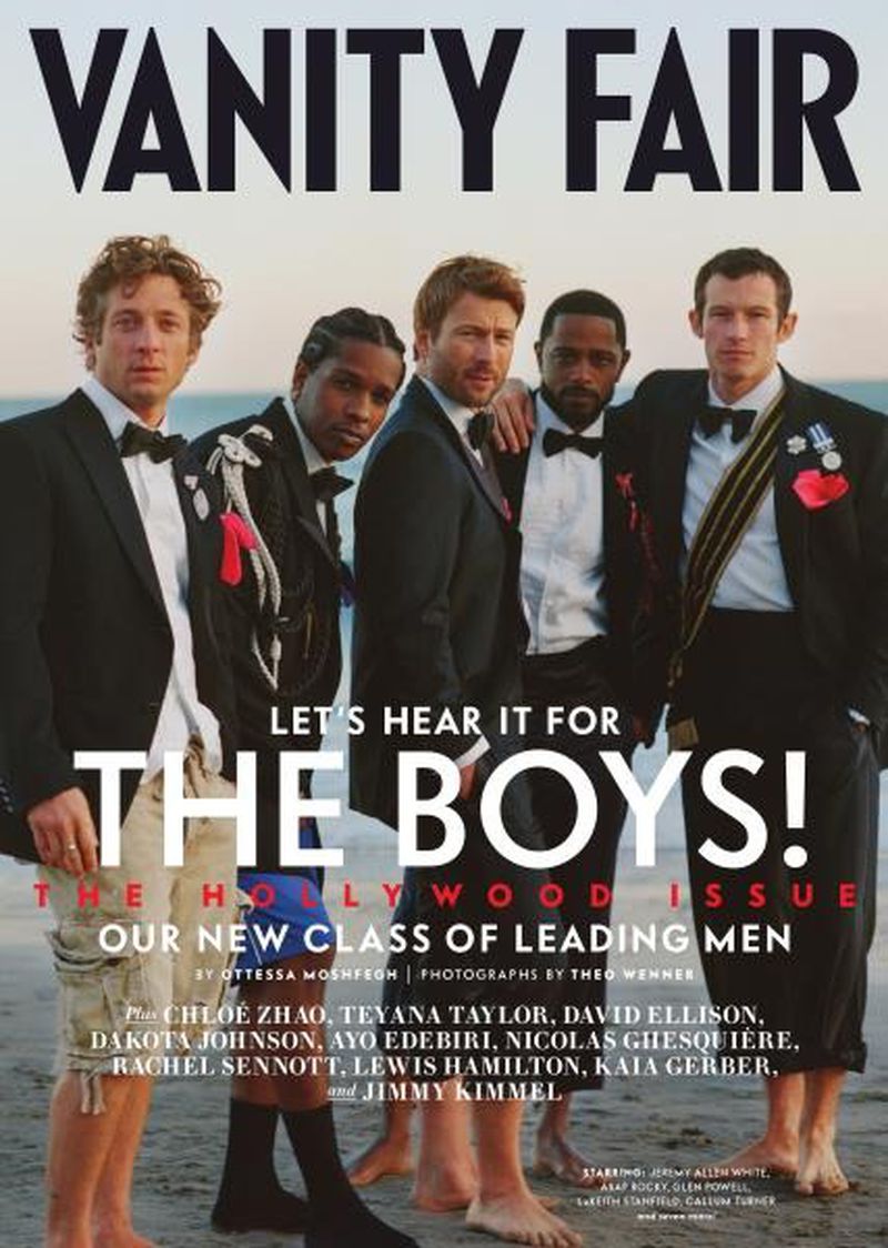 Vanity Fair cover featuring five men on a beach in suits and tuxedos for the Hollywood Issue, showcasing a new class of leading men.