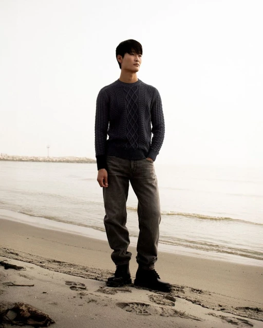 Asian man standing on a sandy beach wearing a blue sweater, jeans, and boots, looking toward the horizon on an overcast day.