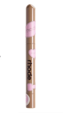 Rhode lip treatment product in a light brown tube with pink logo details, set against a clean white background.