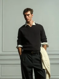 Model Clement Chabernaud in a charcoal V-neck sweater, collared shirt, and pleated trousers against a panelled wall for Zara Man.