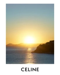 Golden coastal sunset over calm sea with a distant sailboat and silhouetted headland below bold Celine typography on white margin.