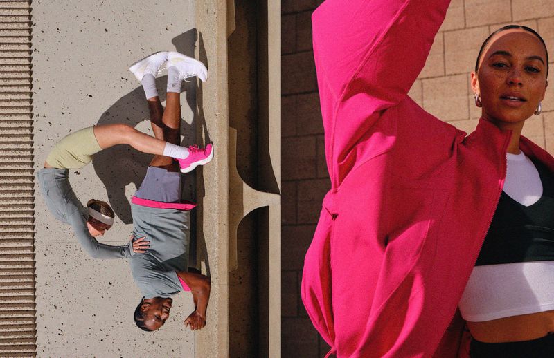Two athletic figures in a balancing pose against a concrete wall, alongside a woman in a pink athletic jacket in outdoor lighting.