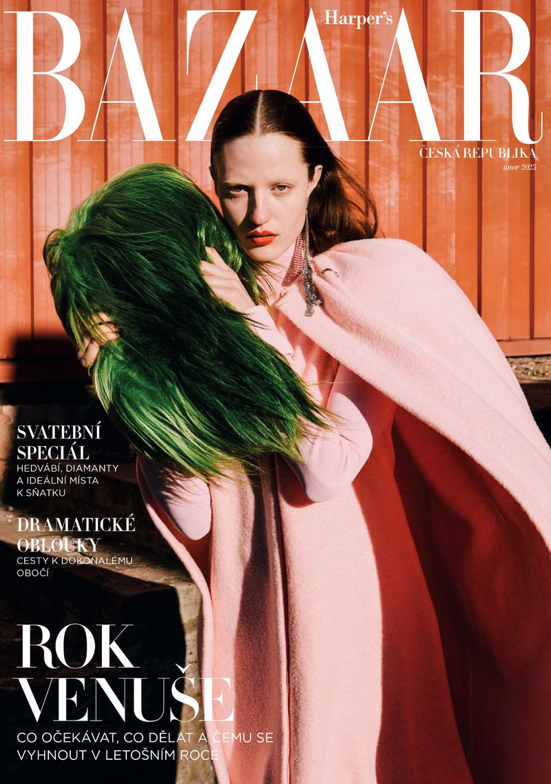 Harper's Bazaar cover featuring a woman in a pink cape holding a green wig, with Bazaar masthead and Czech Republic edition details.