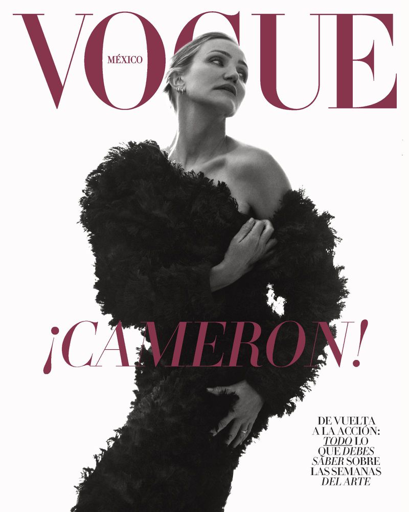 Vogue Mexico cover featuring Cameron Diaz in a black textured dress against a clean white backdrop, showcasing a blend of fashion and celebrity.