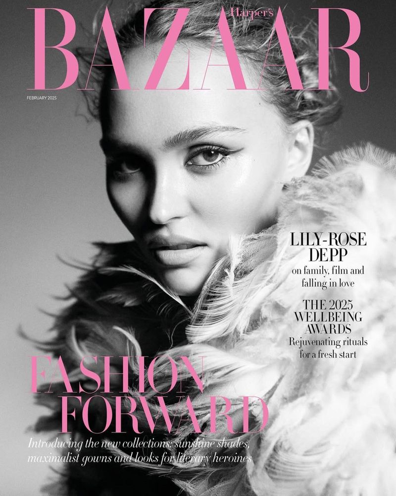 Lily-Rose Depp on the cover of Harper's Bazaar magazine. The cover features close-up shot of the actress wearing a feathered garment.