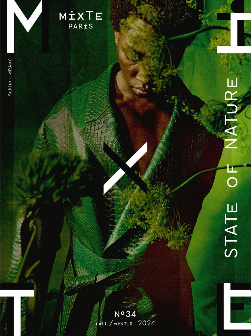 Magazine cover of Mixt(e) Paris featuring model in a green coat, with botanical elements and graphic text overlays.