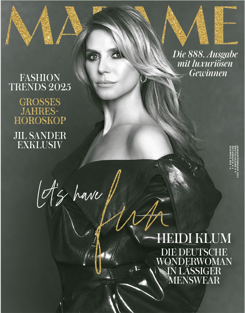 Magazine cover featuring Heidi Klum in a black leather jacket, posing against a dark background, with 'Madame' in gold letters at the top.