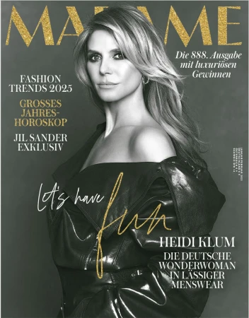 Magazine cover featuring Heidi Klum in a black leather jacket, posing against a dark background, with 'Madame' in gold letters at the top.