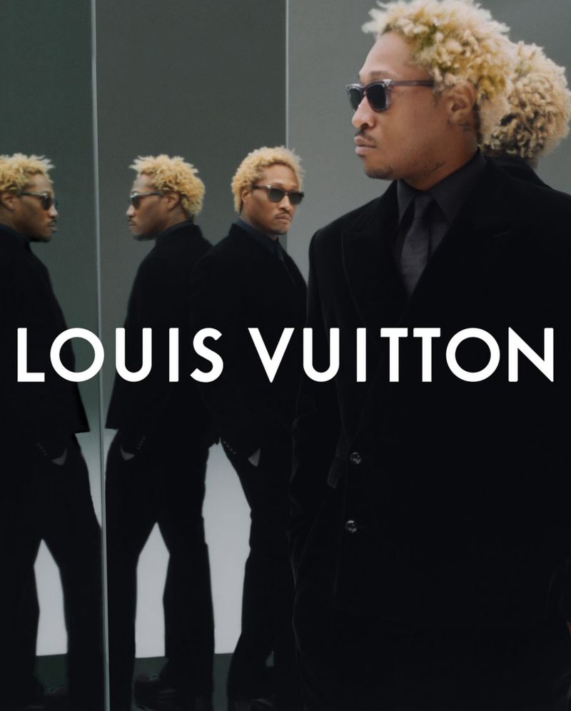 Multiple images of a Black adult male in a dark coat and sunglasses in a studio setting, next to a large LOUIS VUITTON logo.