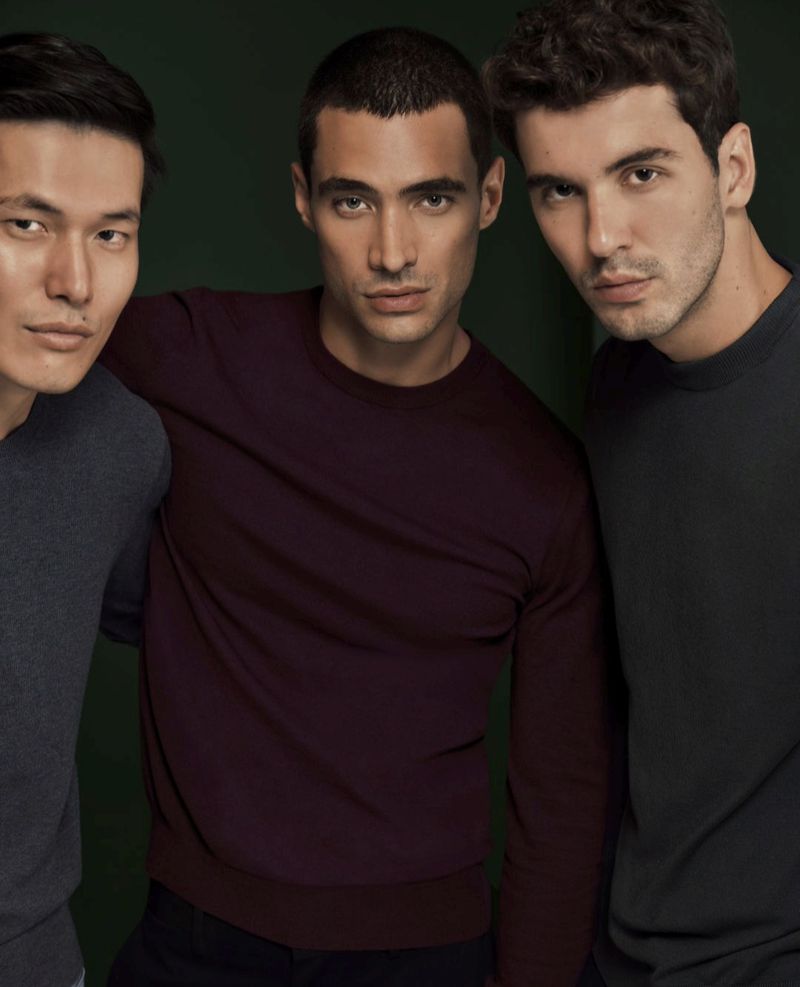 Three diverse young adult men pose indoors in a close-up shot, wearing sweaters against a blurred dark green background, looking at camera.