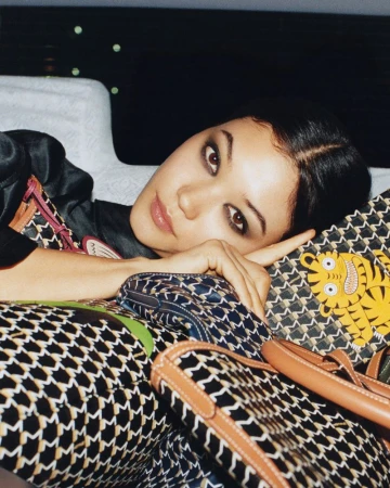 Model Mika Schneider reclining among patterned Moynat monogram bags featuring a graphic yellow tiger illustration.