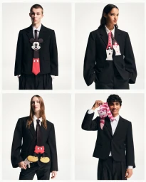 Four models in black suits against a white backdrop wearing whimsical Disney character ties for Harry Lambert and Selfridges.