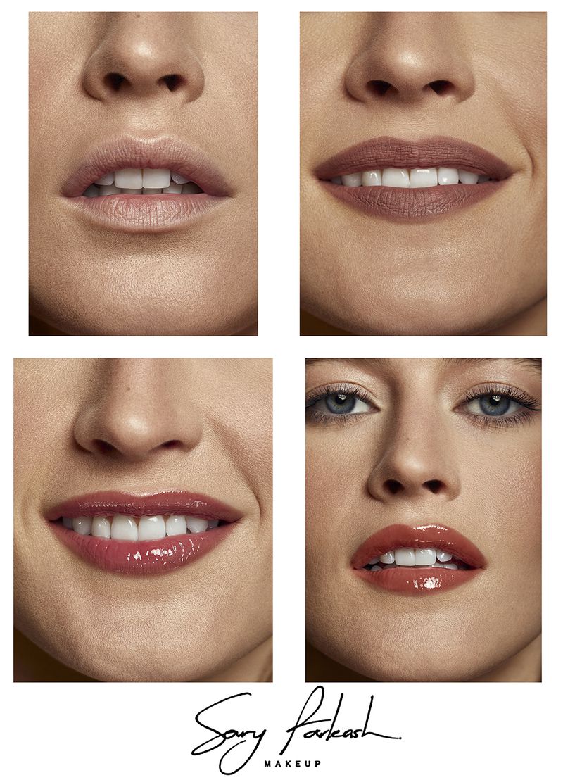 Beauty collage showing close-up views of a light-skinned woman's mouth with different shades of lip gloss and lipstick applied.