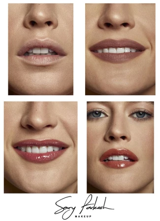 Four close-up beauty shots of model Hailey Carlson showcasing different matte and glossy lipstick shades with a brand logo below.