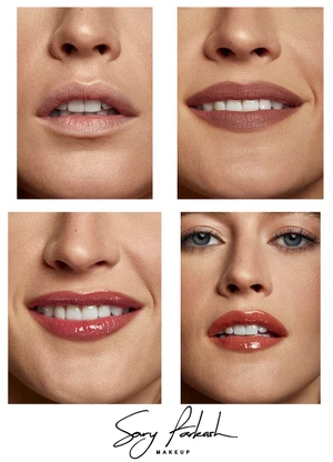 Four close-up beauty shots of model Hailey Carlson showcasing different matte and glossy lipstick shades with a brand logo below.