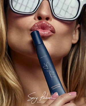 Model Hailey Carlson holding a blue Sary Farkash lip treatment tube to her glossy puckered lips while wearing white sunglasses.
