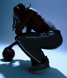 Derrick Rose crouching shirtless with a basketball in dramatic blue studio lighting for Fear of God Athletics.