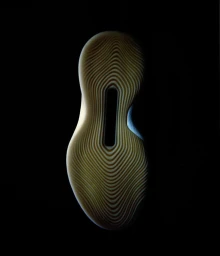 Close-up of a sculpted ribbed rubber shoe sole with concentric ripple patterns against a solid black background.