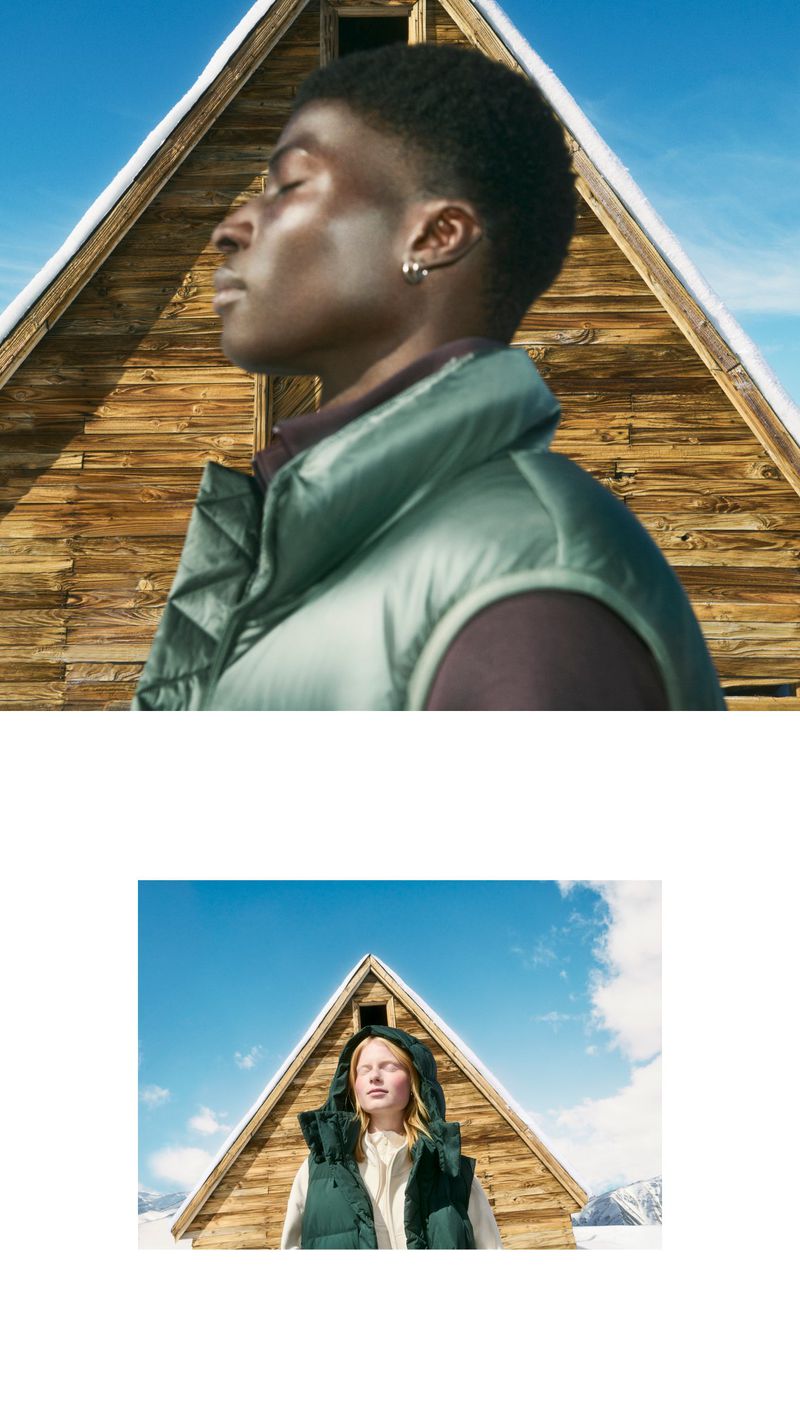 Two images of people in puffer vests are posed in front of wooden cabins against backgrounds of snowy mountains and blue skies.
