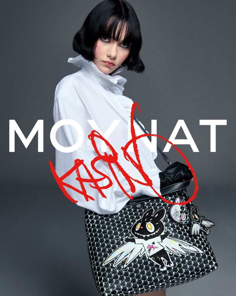 Fashion portrait of a woman in a white shirt and black and white skirt with illustrated black rabbit and text overlay.