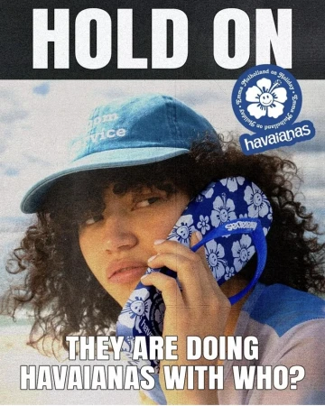 Person holds blue Havaianas flip-flop near face in promotional shot. Woman wears a cap and light shirt against a blurred outdoor background.