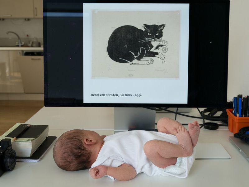 Infant lies on a table in front of a computer monitor displaying a black and white illustration of a cat. Indoor environment.