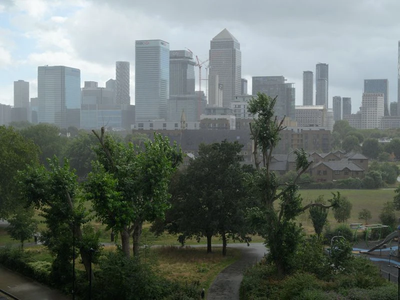 Urban cityscape view on a rainy day featuring tall buildings and lush green trees in the foreground, creating a contrast between nature and architecture.