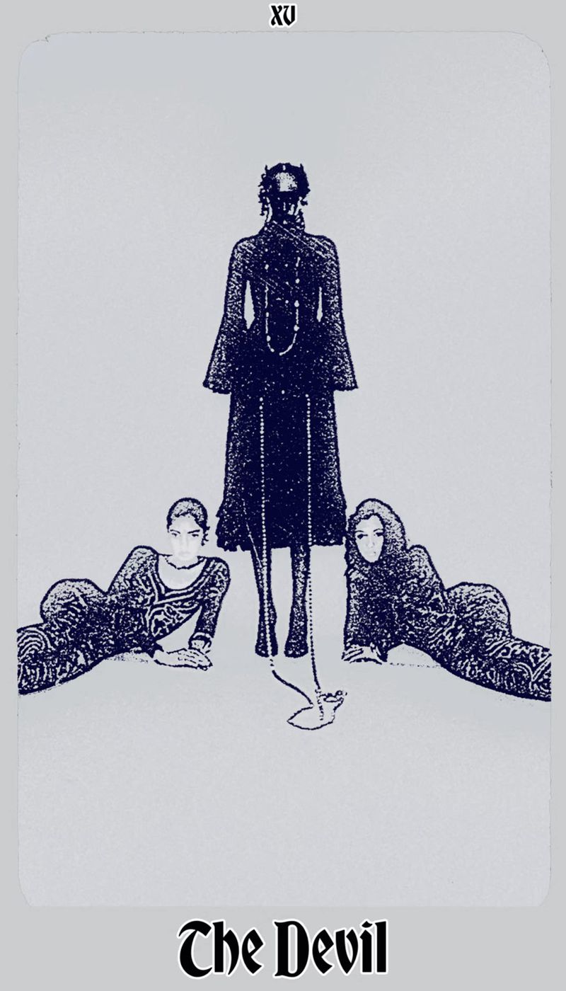 Illustration of a tall figure in a robe standing between two figures lying on the ground, set against a pale background with the text 'The Devil'.
