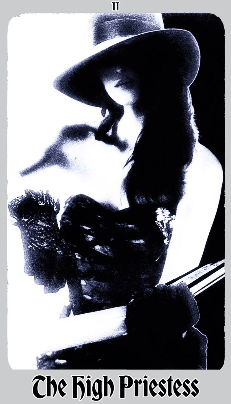 Monochrome portrait of a woman wearing a wide-brimmed hat, styled in a vintage or artistic style, reminiscent of a tarot card illustration.