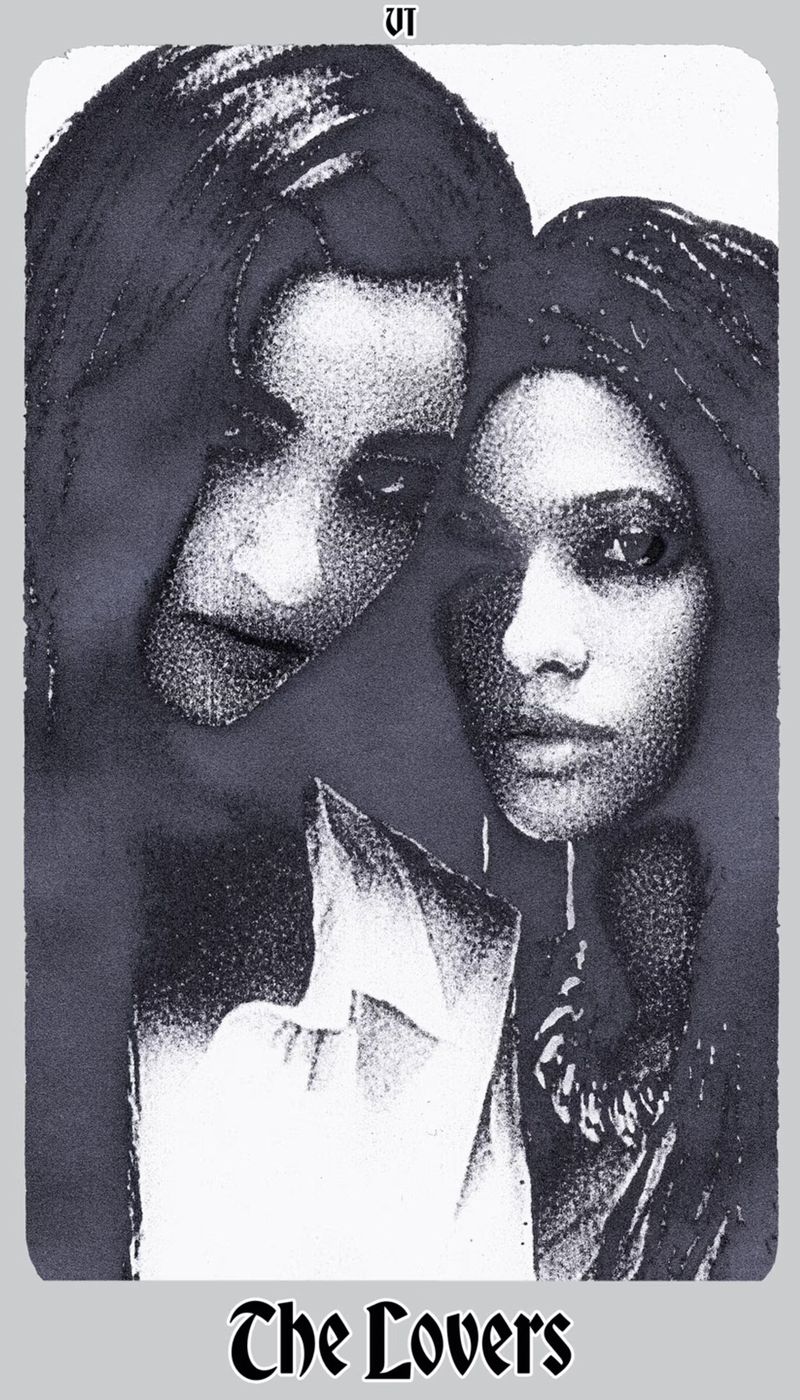 Black-and-white artwork of two adults looking at each other with a crystal in the foreground in a tarot card style art.