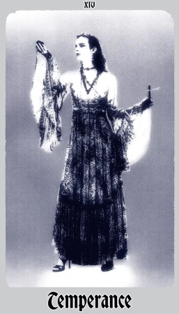 Monochromatic studio shot of a woman in an elegant dress, holding objects, against a glowing backdrop, portraying a tarot card theme.