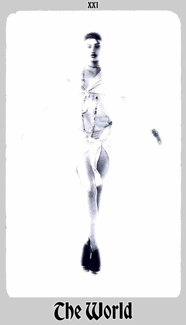 Artistic black and white image of an adult woman in a flowing dress, resembling a tarot card, against a bright white backdrop.