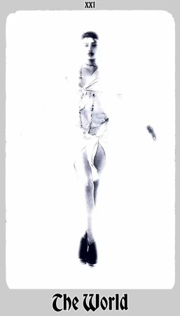 Artistic black and white image of an adult woman in a flowing dress, resembling a tarot card, against a bright white backdrop.
