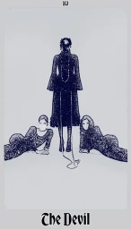 Tarot card style fashion illustration showing a standing figure flanked by two reclining women against a plain light background.