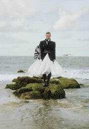 Model posing on mossy rocks in the sea wearing a black blazer, wide belt, and full white skirt.