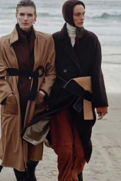 Two female models in long winter coats walking on a sandy beach by the ocean