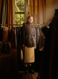 Model wearing a brown belted utility jacket and beige midi skirt standing in front of a clothing rack in a warmly lit room.