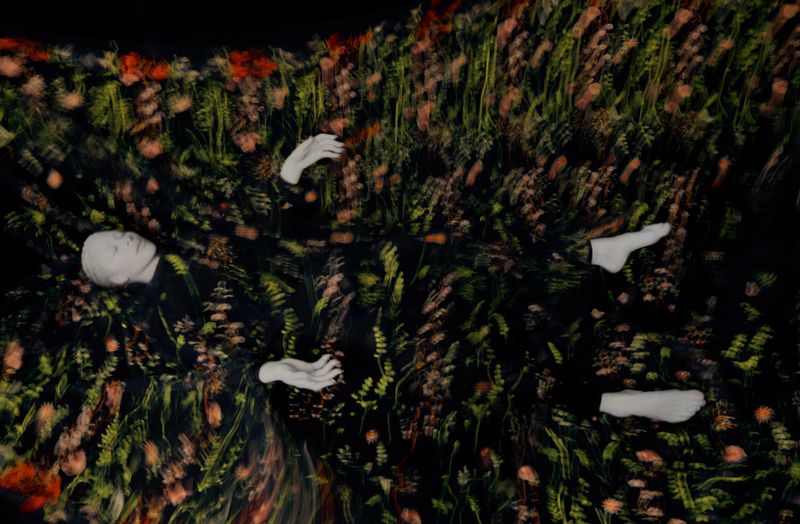 Woman lying in meadow of abstract flowers and grasses wearing dress with same pattern, creating cohesive surreal artistic portrait.