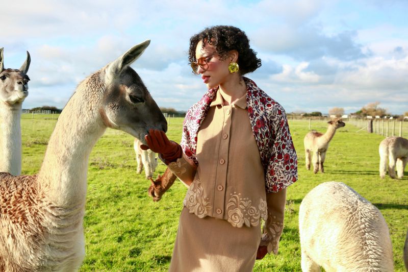 A woman in vintage fashion petting a llama in a grassy field under a blue sky with other llamas grazing in the background.