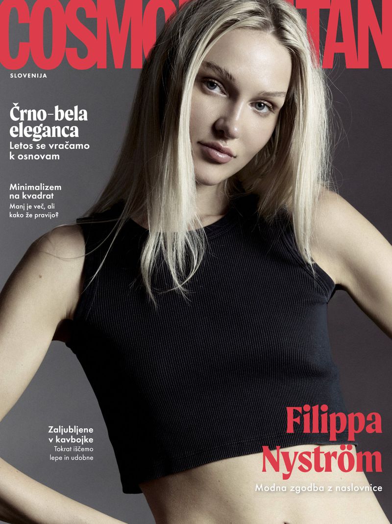 Cosmopolitan Slovenia magazine cover features a blonde woman in a black crop top against a gray backdrop with red COSMOPOLITAN logo.