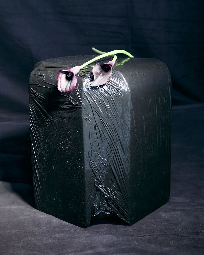 Still life featuring two calla lily flowers on top of a black, cube-shaped object wrapped in clear plastic in front of dark background.